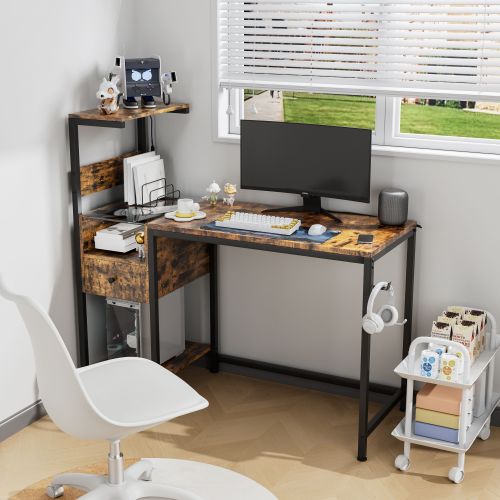 Computer Desk with Power Outlet & Storage Shelves, Study Writing Table with USB Ports Charging Station, PC Desk Workstation for Home Office, Brown Computer Desk with Power Outlet & Storage Shelves, Study Writing Table with USB Ports Charging Station, PC Desk Workstation for Home Office, Brown