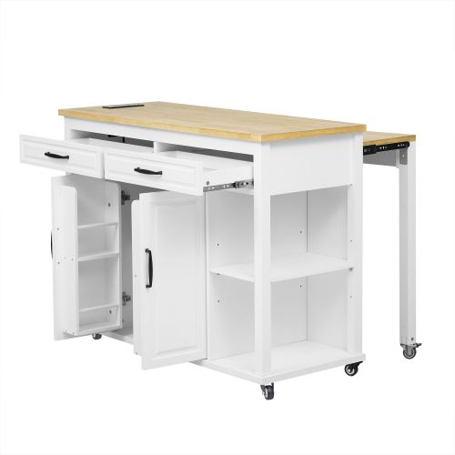 47 inch Kitchen Island with Extendable Dining Table, Rubber Wood Veneer Kitchen Table with Internal Storage Rack, Power Outlet 47 inch Kitchen Island with Extendable Dining Table, Rubber Wood Veneer Kitchen Table with Internal Storage Rack, Power Outlet